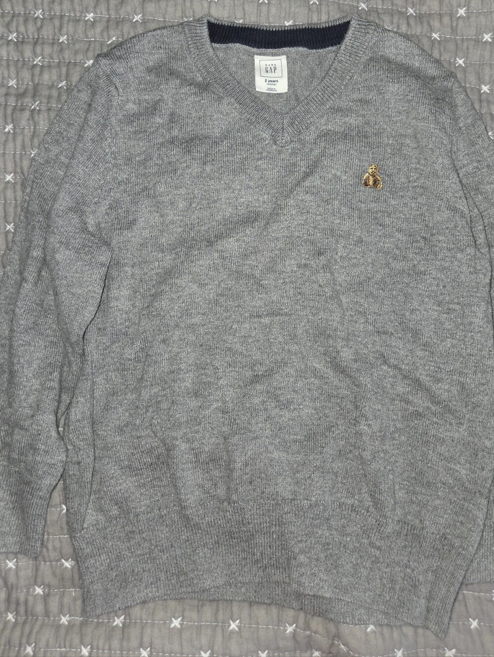 GAP Toddler Gray V-Neck Sweater with Gold Bear Emblem